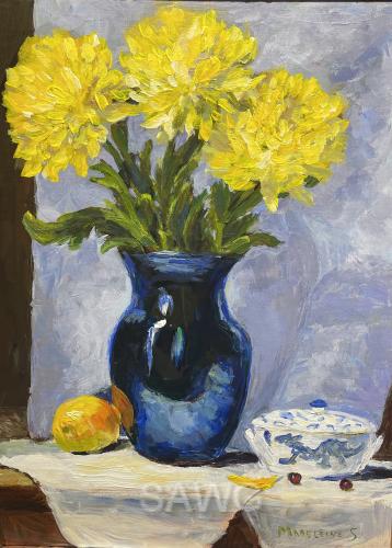 Chrysanthemums in a Blue Vase by Madeleine Shulman